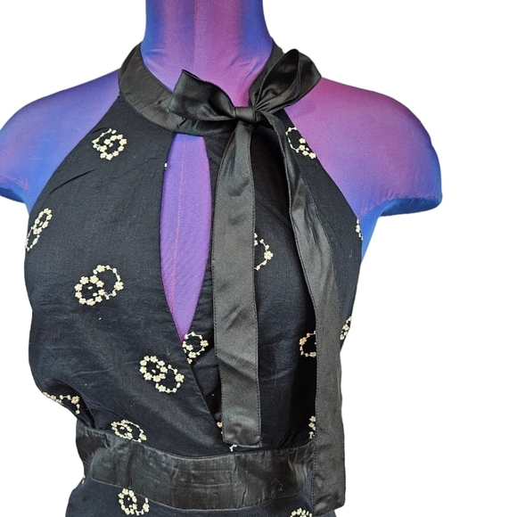 Odille by Anthro Black & White Silk Keyhole Peplum Halter Top Size 12 Women B10 - Picture 2 of 11